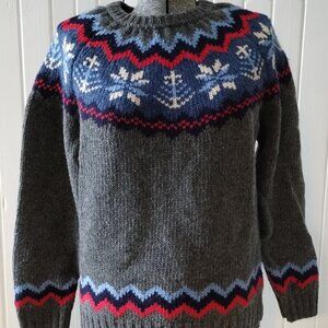 Grey, red and blue, fair isle style wool sweater, size M